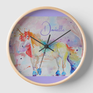 Horloge Coussin aquarelle licorne arc-en-ciel