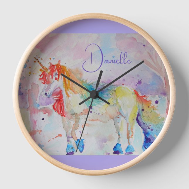 Horloge Coussin aquarelle licorne arc-en-ciel (Recto)