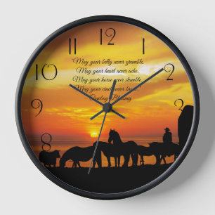 Horloge Cowboy Bienheureux Cheval Bataille Coucher de sole