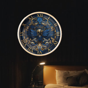 Horloge #Crâne Art Décoratif vintage avec Bleu et Or