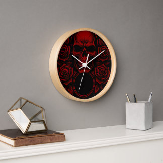 Horloge Crâne Rouge avec Roses - Œuvre d'Art Gothique Somb