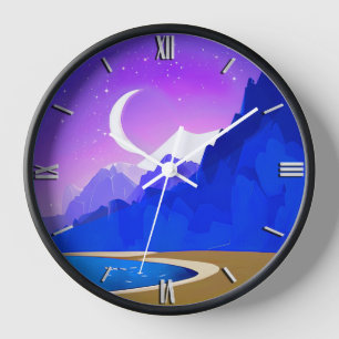 Horloge Crescent Moon, Lac & Montagnes en Violet & Bleu