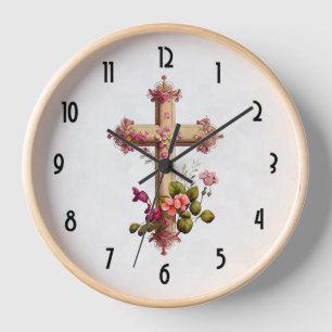 Horloge Croix en bois élégante aux fleurs roses