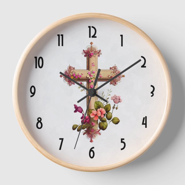 Horloge Croix en bois élégante aux fleurs roses (Recto)