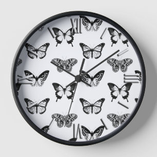 Horloge Croquis de papillon, noir et blanc