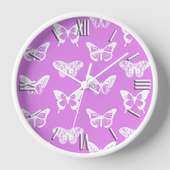 Horloge Croquis de papillon, orchidée et blanc (Recto)