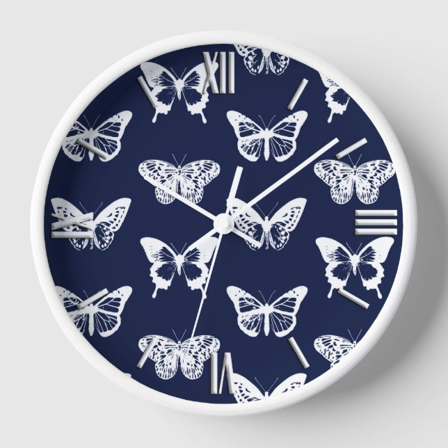 Horloge Croquis papillon, bleu marine et blanc (Recto)