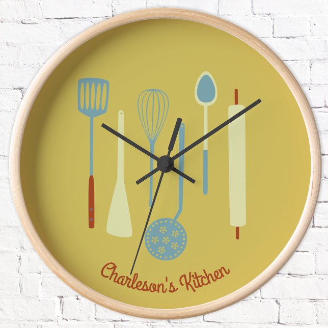 Horloge Cuisine rétro personnalisée (Retro kitchen utensils personalized custom text clock)
