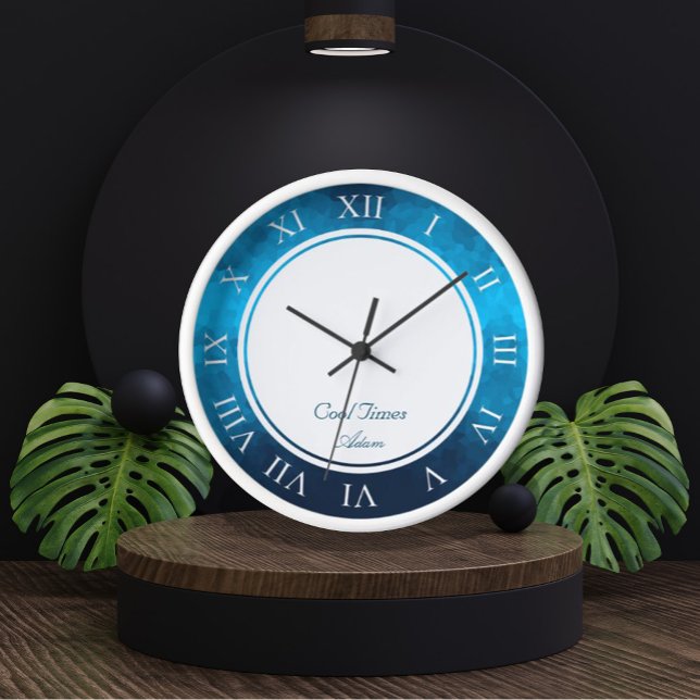 Horloge Custom Name & Image Crystallized Blue Background (Custom Name & Image Crystallized Blue Background Clock by Looly Elzayat)