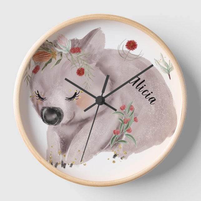 Horloge Cute Baby Wombat Gold Speckle Nom personnalisé (Recto)