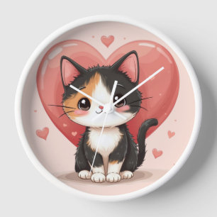 Horloge Cute Calico Cat Heart Kawaii Valentine's Art