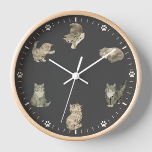 Horloge Cute Cat - Gris Vintage Cat Illustrations