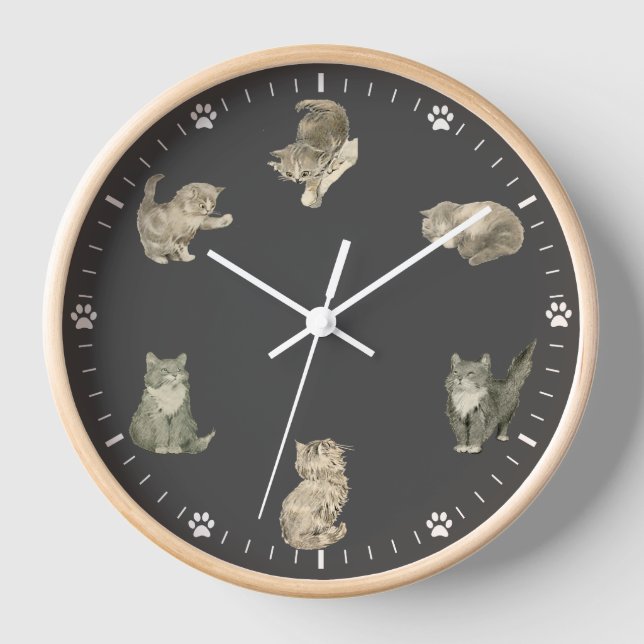 Horloge Cute Cat - Gris Vintage Cat Illustrations (Recto)