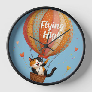 Horloge Cute Chat Hot Air Balloon Whimsical Art