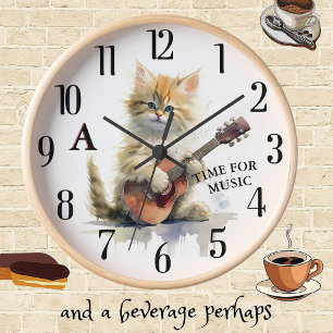 Horloge Cute Chat Jouer Guitare Monogramme Personnalisé