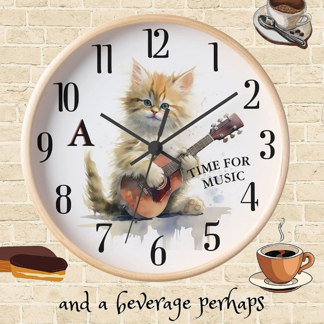Horloge Cute Chat Jouer Guitare Monogramme Personnalisé (Créateur téléchargé)
