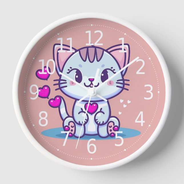 Horloge Cute Chat Kitten avec Coeurs Valentine Inspiré | (Recto)