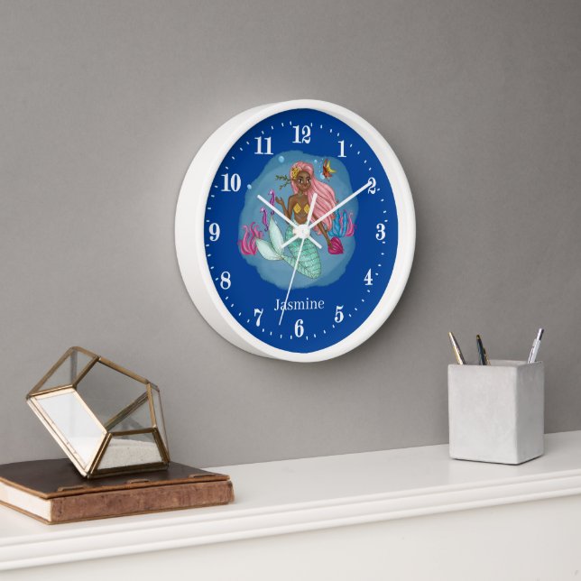 Horloge cute girls fantasy mermaid add name large clock (Bureau)