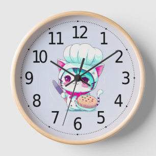 Horloge Cute pâtisserie boulangère Chef Chat avec gâteau e