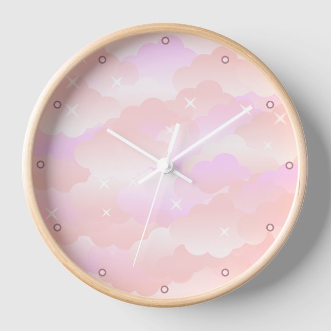 Horloge Cute Pink Aesthétique Nuages Étoiles Céleste (Recto)