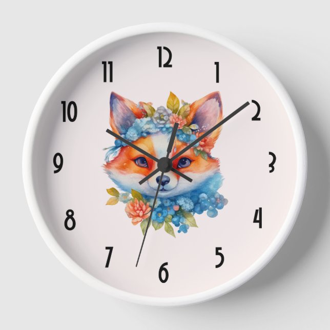 Horloge Cute Renard orange avec Couronne florale (Recto)
