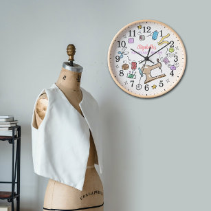Horloge Cute Retro Salle de couture Paroi en bois personna