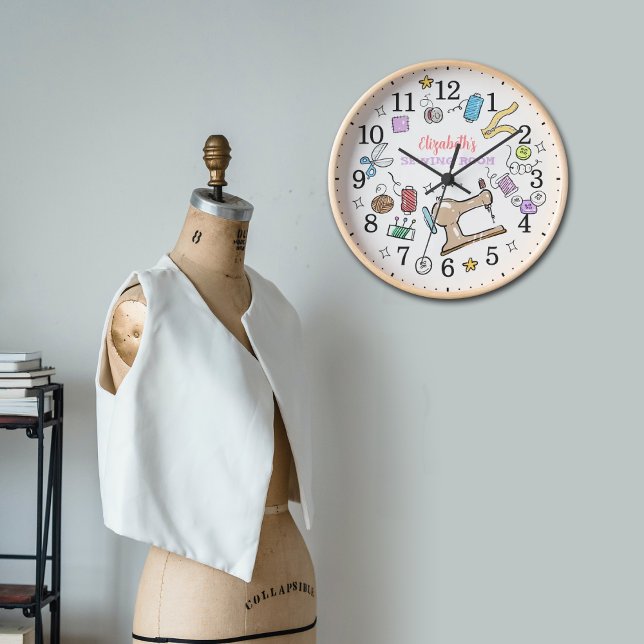 Horloge Cute Retro Salle de couture Paroi en bois personna (Créateur téléchargé)