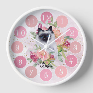 Horloge Cute Siamese Chat Fleur Rose Fille
