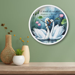 Horloge Cygnes blancs en amour Aquarelle Lotus Lake Mariag