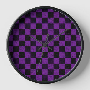 Horloge Damiers rustiques, violet et noir