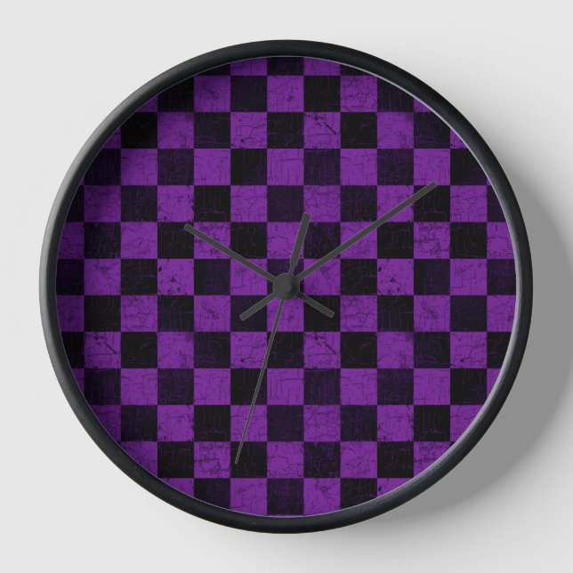 Horloge Damiers rustiques, violet et noir (Recto)