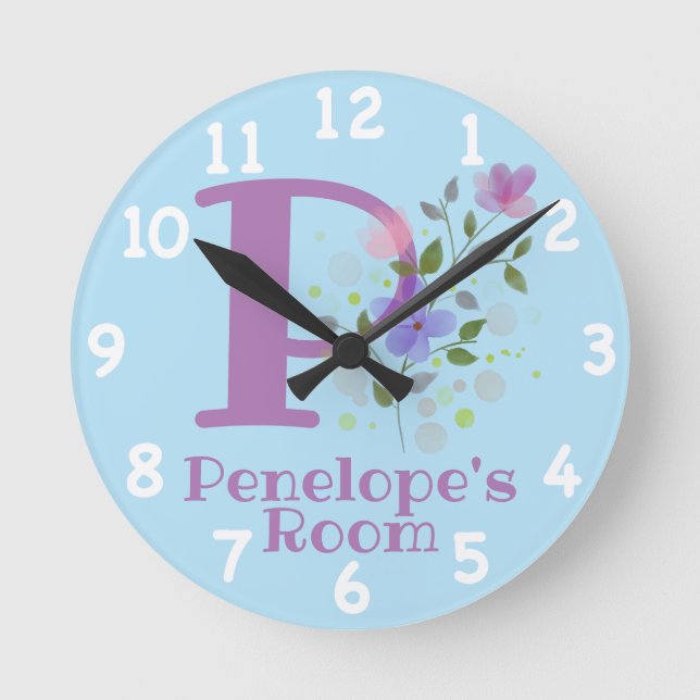 Horloge dans un design floral avec nom et initiale (Recto)