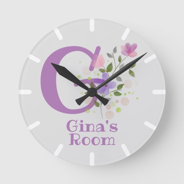 Horloge dans un design floral avec nom et initiale (Recto)