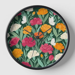 Horloge d'art abstrait aux oeillets et papillons c