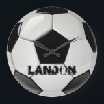 Horloge de balle de football personnalisée<br><div class="desc">Horloge à bille de football noir et blanc personnalisable. Changez simplement le nom pour en faire le vôtre !</div>