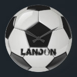Horloge de balle de football personnalisée<br><div class="desc">Horloge à bille de football noir et blanc personnalisable. Changez simplement le nom pour en faire le vôtre !</div>