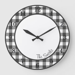 Horloge de cuisine de ferme en vichy noir et blanc