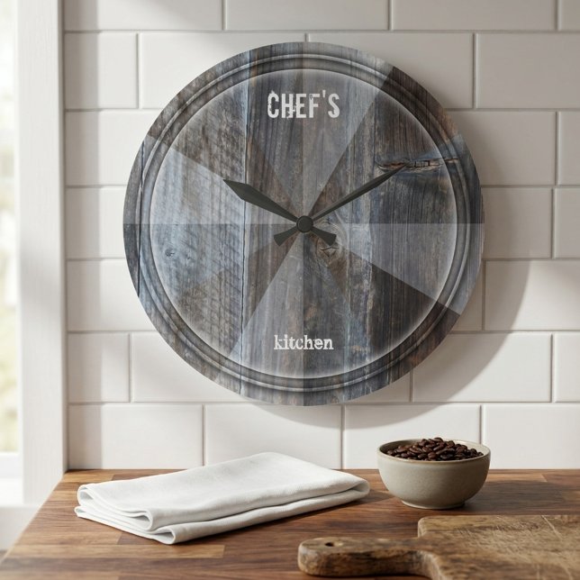 Horloge de découpe en bois industriel pour chef mo (Professional rustic wall clock featuring an industrial geometric design resembling a cutting board)