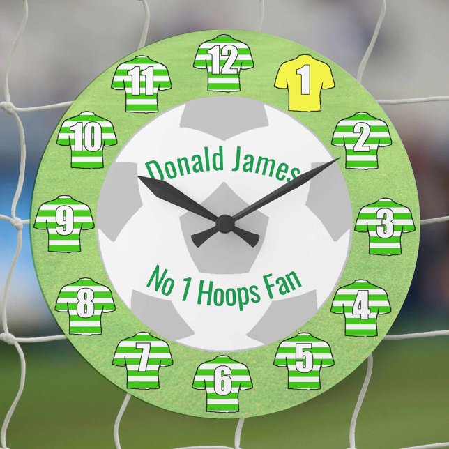 Horloge De Football - Chemises Vertes (Green and white hoops on football shirts. Celtic style football shirts on a clock.)