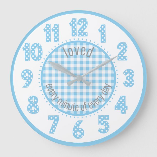 Horloge de nurserie Baby Blue Gingham à pois pour  (Recto)