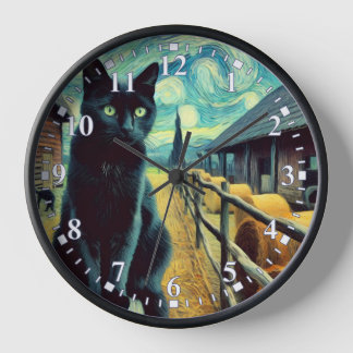 Horloge de peinture de ferme de chat noir