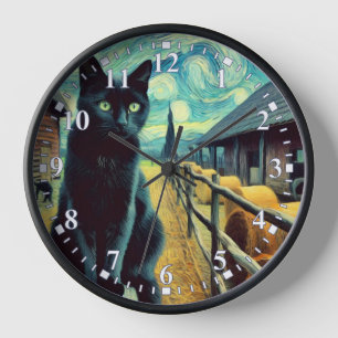 Horloge de peinture de la ferme de chats noirs