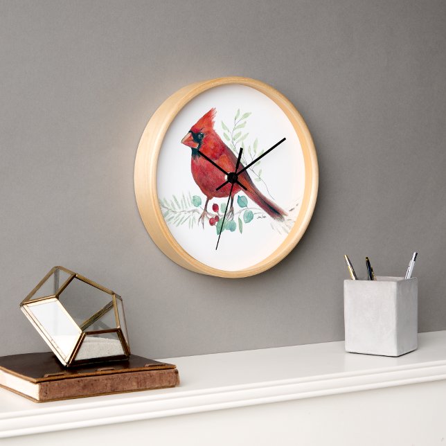 Horloge Décor mur couleur cardinal rouge (Red Cardinal Watercolor Wall Décor Clock from Jenn's Emporium. )