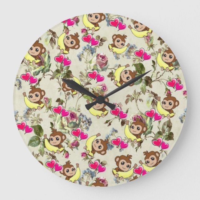 Horloge des enfants, Bananes singes Coeurs roses (Recto)