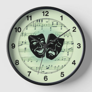 Horloge des masques de musique verte et de théâtre