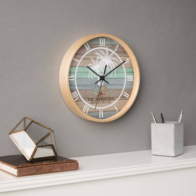 Horloge Design nautique en bois de plage avec palmiers (Bureau)