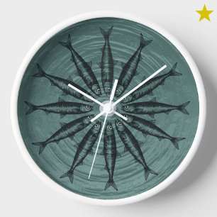 Horloge Dessin de sardine turquoise Dessin Dessin Motif de