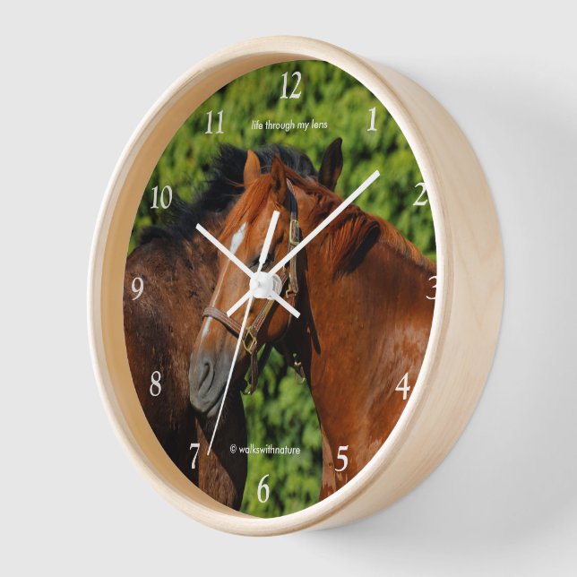 Horloge Deux beaux chevaux alezans au soleil (Angle)