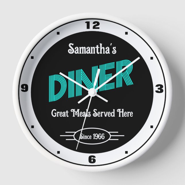 Horloge Diner N'Importe Quel Nom Style Date Retro Turquois (Recto)