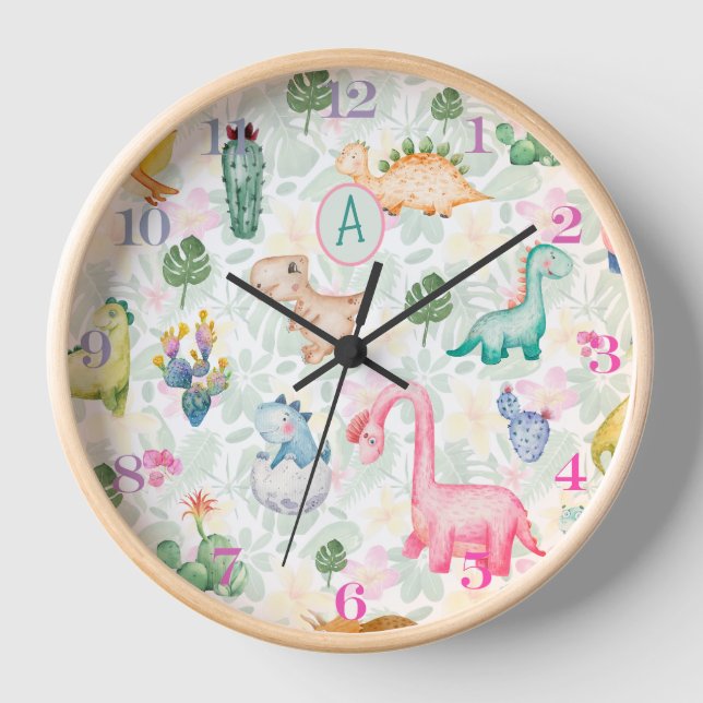 Horloge DORKY DINOSAURS Monogramme Enfants Décor bébé (Recto)